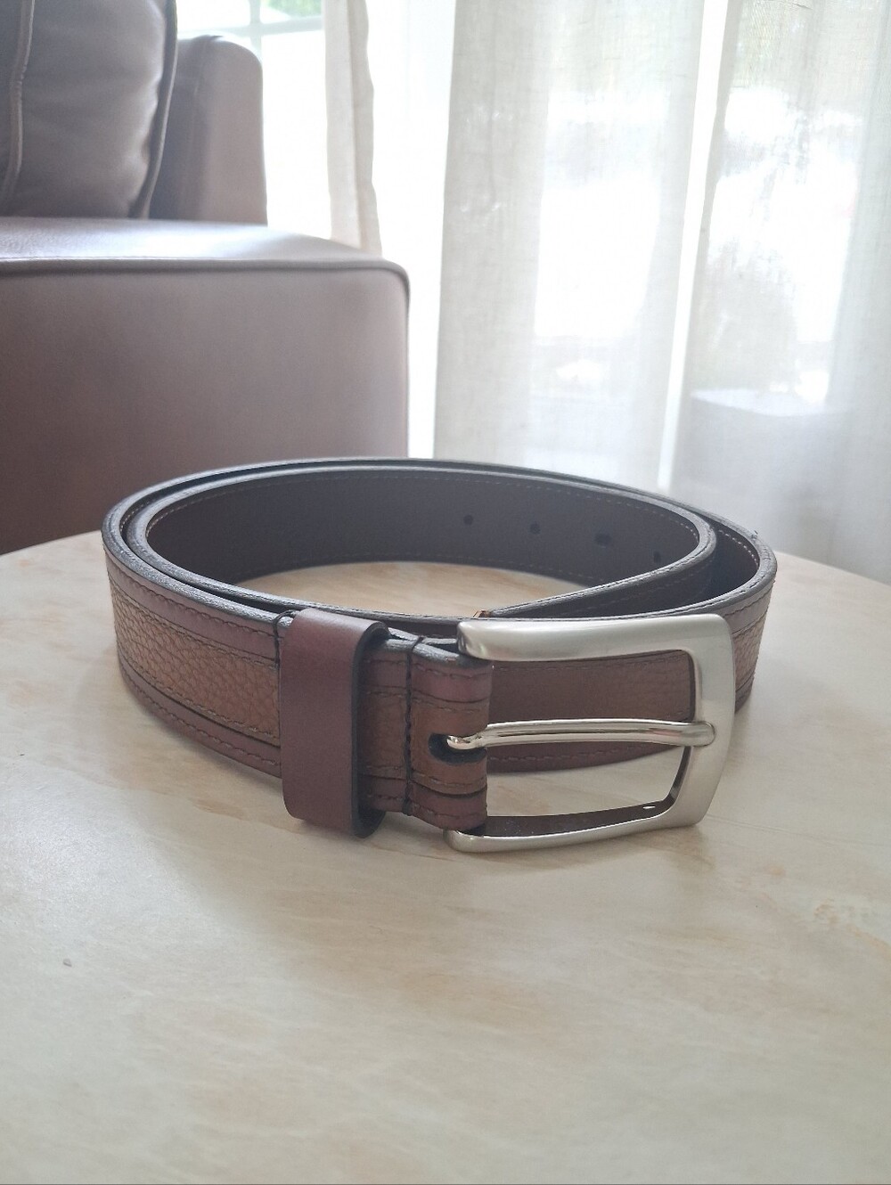 Allen Edmonds Men's Brown Leather Belt with Brushed Silver Buckle Size 34
